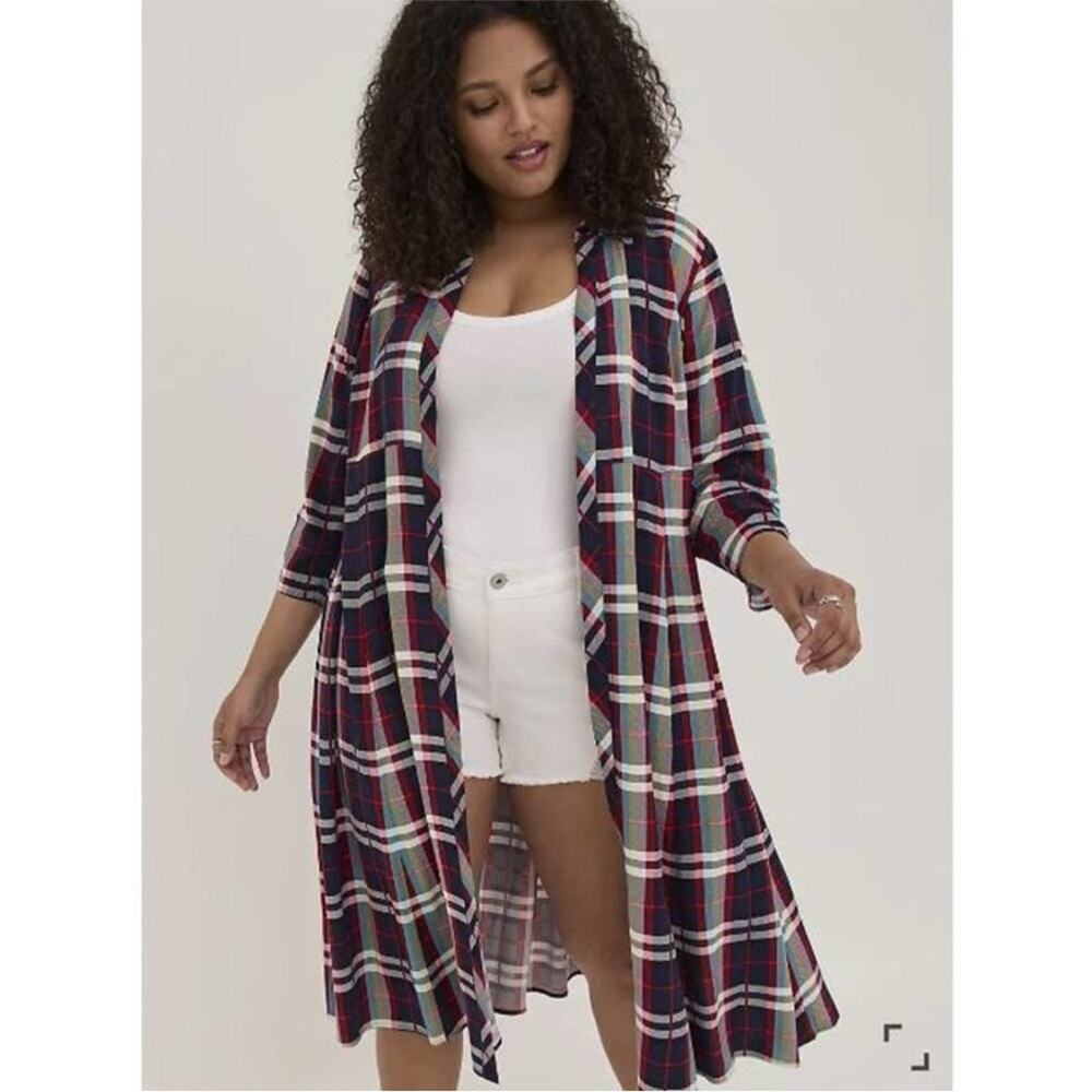 Torrid‎ navy red white plaid open front long jacket size 1 or 1X